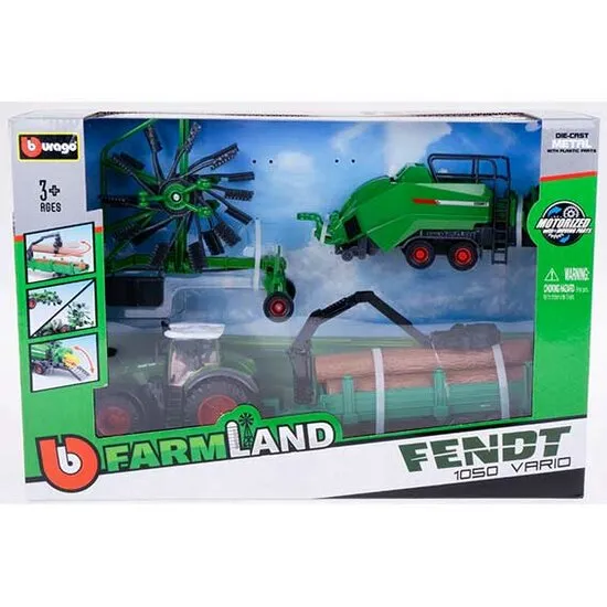 Bburago Fendt 1050 met hark, balenpers en boomstamaanhanger