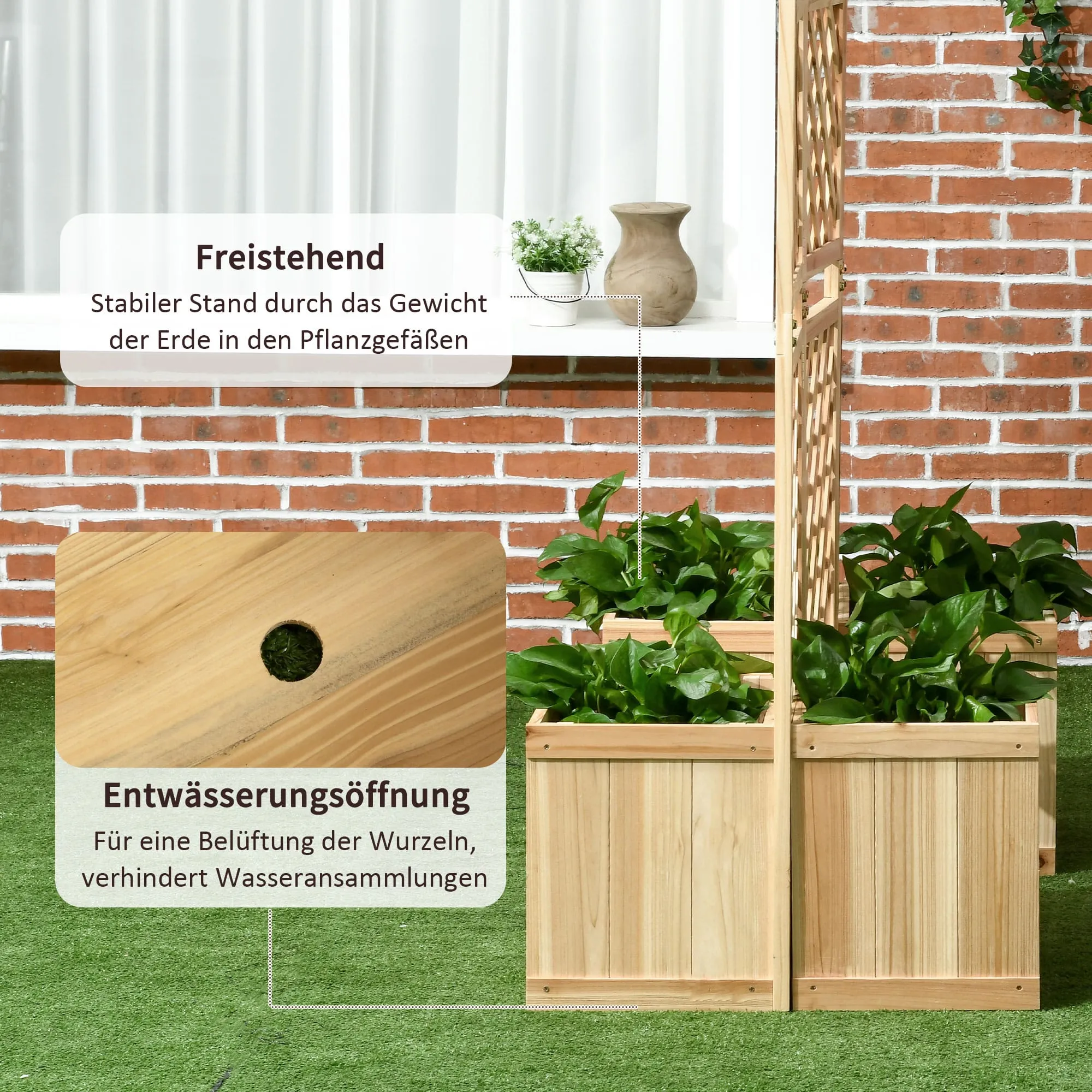 Verhoogd bed met opvouwbaar latwerk, plantkast met privacyscherm, 133 x 165 cm kamerverdeler met 4 bloembakken, kamerafscheider 